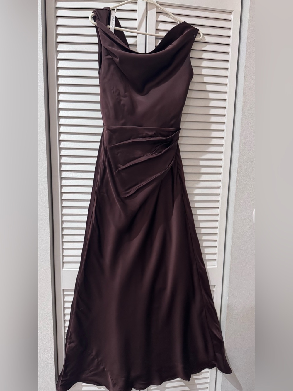 Azazie One-Shoulder Cowl Neck Dress in Deep Brown